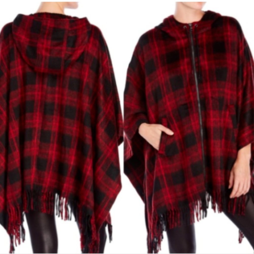 Steve Madden Size M Red Buffalo Plaid Coat Poncho Cape Shawl